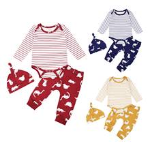 2020 New Fall Autumn 0-18M Newborn Baby Boy Girl 3Pcs Set Cute Striped Long Sleeve Bodysuit+Dinosaur Print Pants+Hat 3 Colors 2024 - buy cheap