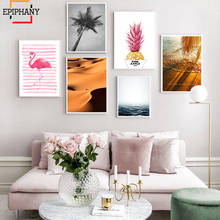 Quadros modernos, tela para parede, paisagem do mar, palmeira, pôsteres de lona, rosa, estampas de flamingo, decoração escandinavo 2024 - compre barato