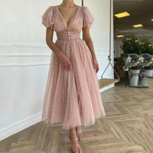 Thinyfull Dot Tulle Pink Prom Dress Princess High Waist Sexy V Neck Tea Length Evening Dresses Vestido De Festa 2021 2024 - buy cheap