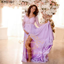 Light Purple Long Sleeves Pregnant Women Evening Dress V Neck Side Slit Beads Lace Chiffon Plus Size Prom Gowns For Photoshoots 2024 - buy cheap