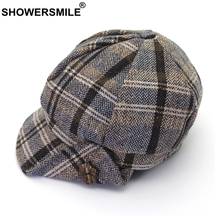 Showersmile-boné feminino, chapéu tweed vintage, gorro octagonal, xadrez, cinza, retrô, couro de hera, inverno 2021 2024 - compre barato