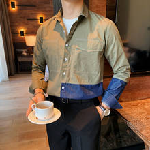 Camisa de tela vaquera de manga larga para hombre, blusa informal con bolsillo frontal, ajustada, Color Patchwork, a la moda, 2021 2024 - compra barato