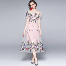 Jsxdhk vestido longo bordado floral de luxo, novo vestido feminino fashion de verão com manga curta rosa cintura alta bordado 2024 - compre barato