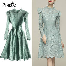 Pinkoz elegant vintage retro ruffles long sleeve A-line knee length dress hollow out lady party dinner casual robe mujer dresses 2024 - buy cheap