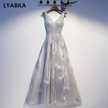 V-neck A-line Evening Dress Robe De Soiree High Quality Sliver Gray Appliques Beads Evening Dresses Long Dress Vestido De Festa 2024 - buy cheap