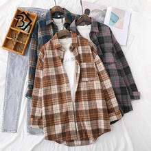 Camisa de inverno feminina xadrez roxa manga total, grossa, quente, camisa de lã, vintage, grande, tops estilosos para meninas, primavera 2024 - compre barato