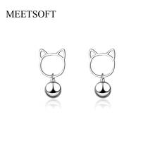 MEETSOFT 925 Sterling Silver Prevent Allergy Crystal Drop Earrings for Women Trendy  Small  Hollow Out Cat Bell  Jewelry Gift 2024 - buy cheap