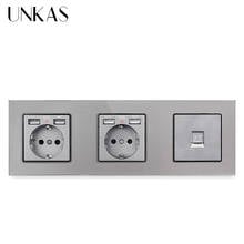 UNKAS Glass Panel Dual EU Standard Socket with 4 USB 16A Charging Port + RJ11 Telephone Jack Wall Power Outlet 258mm * 86mm 2024 - buy cheap