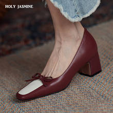 2021 New Spring Square Heels Pumps Women Wedding Office Square Toe Pumps Genuine Leather Concise Vintage Shoes Woman heels women 2024 - buy cheap