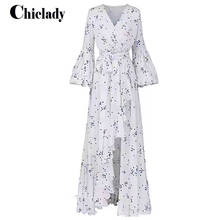 CHICLADY-Vestido largo de diseño con cuello en V, estampado floral, con fajas, manga farol asimétrica Blanca, para vacaciones y fiestas en la playa 2024 - compra barato