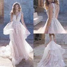 2021 Wedding Dresses V Neck Lace Appliques Beading Bridal Gowns Custom Made Sexy Backless Sweep Train A-Line Wedding Dress 2024 - buy cheap