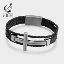 Fongten Retro Cross Leather Bracelet Men Stainless Steel Weave Black Bracelets Bangle Male Fashion Jewelry 2024 - buy cheap