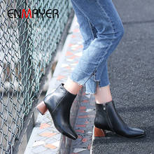 Enmeyer-Botas de piel auténtica para mujer, botines sin cordones con punta redonda, de felpa, tacón cuadrado, talla 34-43, 2020 2024 - compra barato