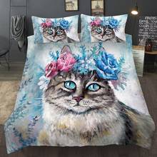 Watercolor Painting Cute Cat Bedding Set Flower Single Double Duvet Cover Set Queen King Twin Full Size Bed Clothes For Kid Home 2024 - buy cheap