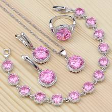 Conjuntos de joyería de plata 925 de circonia cúbica Rosa redonda para mujer, accesorios de aniversario, anillo, pulsera, collar, Pendientes colgantes 2024 - compra barato