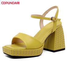 Preto amarelo couro genuíno sandálias de salto alto plataforma feminina verão sapatos casuais do punk sandales femmes 2021 sandalias mujer 2024 - compre barato