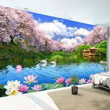 Foto papel de parede 3d flor de cerejeira cisne lago paisagem murais sala tv sofá quarto fundo decoração 2024 - compre barato