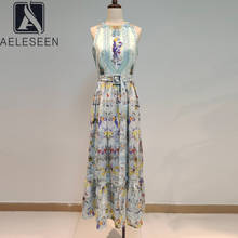 AELESEEN Spring Summer Sleeveless Dress Women 2022 Runway Fashion New Green Flower Print A-Line Sashes Long Elegant Dresses 2024 - buy cheap