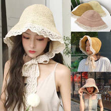 Princess Hat Women's Summer Princess Straw Lace Strap Sun Cap Bucket Hat Outdoor Sunscreen Travel Lace Chapeau Sun Prevent Hats 2024 - buy cheap