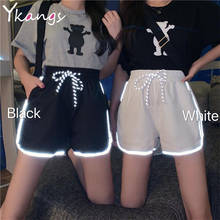 Shorts com listras laterais refletoras, moda coreana, hip hop, mochila, elástico na cintura alta, casual 2024 - compre barato