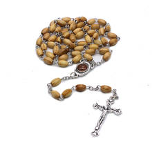 2021Religious Wooden Antique Cross Rosary Pendant Necklace Jesus Saint Benedict Beaded Necklace, Men's and Women's Jewelry 2024 - buy cheap