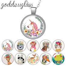 Animais dos desenhos animados unicórnio gatos cães flamingo vidro redondo cabochão prata chapeado/pingente de cristal colar jóias para o presente 2024 - compre barato