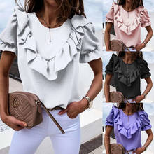 Camisa informal con manga abombada para mujer, camisa de cuello redondo con volantes de Color sólido, blusas para mujer, Tops para mujer 2021 2024 - compra barato