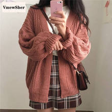 VmewSher New Autumn Spring Women Cardigan Solid Knitwear Loose V-neck Elegant Knitted Top Open Stitch Oversize Sweater Coat 2020 2024 - buy cheap