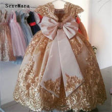 Gold Applique Lace Flower Girl Dresses Cap Sleeves Backless Little Kids Clothes Child Pageant Birthday Gowns with Big Bow 2024 - buy cheap