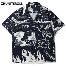 2021 Beach Shirts Graffiti Flame Print Hip Hop Button Harajuku Shirt Mens Fashion Casual Short Sleeve Holiday Party Blouse Tops 2024 - buy cheap