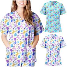 Scrubs Women Uniform Easter Woman Short Sleeve V-neck Rabbit Pattern Tops Nursing Uniform T-shirts uniforme enfermera mujer N* 2024 - buy cheap