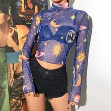 Fashion Women 2021 Moon Star Planet See-through Tanks Crop Top Ladies Slim Sheer Mesh Vest Tees Camis Party Club Jumper T-Shirts 2024 - buy cheap