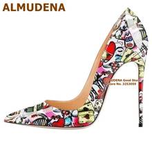 Almudena coração em forma de poker impresso salto alto sapatos 12cm salto multi-color graffiti casamento bombas colorido retalhos saltos 2024 - compre barato