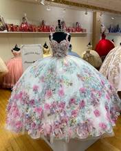 Бальное платье с 3D цветочным рисунком, бальное платье для Quinceanera, длинная красочная Пышная юбка, милые вечерние платья 16, одежда для выпускного вечера 2024 - купить недорого