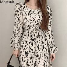 Vestido largo coreano con estampado de leopardo para mujer, prenda elegante de manga larga con cuello redondo y cinturón para fiesta, a la moda, 2021 2024 - compra barato