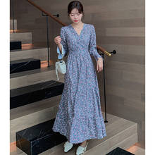 Women Chiffon Floral Long Sleeve Dress Autumn Spring 2022 Elegant Runway Korean Dress Maxi Boho Vintage Party Vacation Dresses 2024 - buy cheap