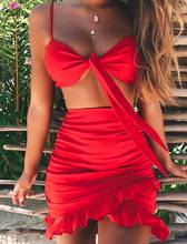 Комплект из двух предметов, женское повседневное пляжное летнее платье с оборками и бантом, красное платье без бретелек, сексуальное Клубное облегающее мини-платье для вечеринок 2024 - купить недорого