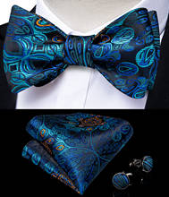 Men Blue Paisley 100% Silk Wedding Party Bow Ties Fashion Butterfly Necktie Handkerchief Cufflinks Set Groom Bowknot DiBanGu 2024 - buy cheap