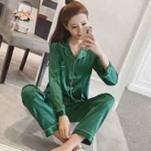 Conjunto de pijama de cetim feminino, roupa de dormir longa manga comprida com botões 2024 - compre barato