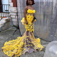 Yellow 3D Flowers Charming Prom Gown Formal Dresses Mermaid Evening Party Dress See Through African Pageant Robe de soiree 2024 - buy cheap