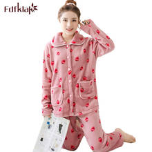 Fdfula pijama de inverno feminino, pijama grosso de flanela para mulheres, manga longa, roupa para dormir quente e estampada 2024 - compre barato