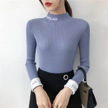 Pulôver feminino de malha com elasticidade, blusão casual slim, gola redonda, suéter rosa, outono e inverno 2019 2024 - compre barato