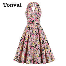 Tonval-vestido vintage feminino de cintura alta com cinto, frente única, elegante, várias cores, floral, vestido midi com costas abertas 2024 - compre barato