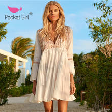 Pocket Girl 2020 Women Swimsuit Cover Up Long Sleeve Beach Tunic Dress Robe De Plage White Pareo Beach High Collar Cover Ups 2024 - buy cheap
