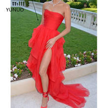 YUNUO Sexy Red Strapless Evening Celebrity Dresses Side Slit Prom Dress robe de soirée Chiffon A Line Party Gowns with Train 2024 - buy cheap