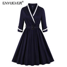 Enyuever-vestido feminino elegante, azul marinho, casual, outono, algodão, gola v, manga longa, robe, pin up, vestido de escritório 2024 - compre barato