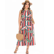 6xl Plus Size Jumpsuit Summer 2019 Women Halter Neck Sleevless Leaves Striped Print Boho Beach Rompers Pockets Wide Leg Jumpsuit 2024 - buy cheap