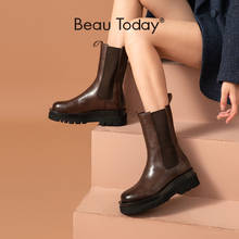 BeauToday-Botas de media caña con plataforma para mujer, zapatos de piel de vaca con banda elástica y punta redonda, a la moda, hechos a mano, otoño, 02369 2024 - compra barato