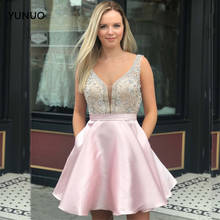 YUNUO Sparking Beading Homecoming Dress Vestido De Formatura Curto Sheer V-neck Satin Short Graduation Dresses Zipper Back 2024 - buy cheap