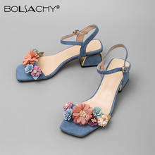 Summer Genuine Leather Flower Platform Sandals Peep Toe Women Pumps Retro High Heels Ladies Buckle Thick Heels Blue Apricot33-42 2024 - buy cheap